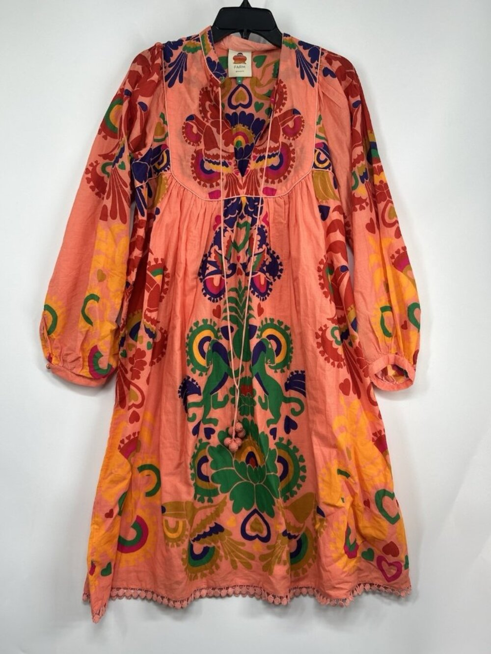 Farm Rio Peach Amulet Midi-Dress Women’s Medium Lace-Trim Cotton Tropical